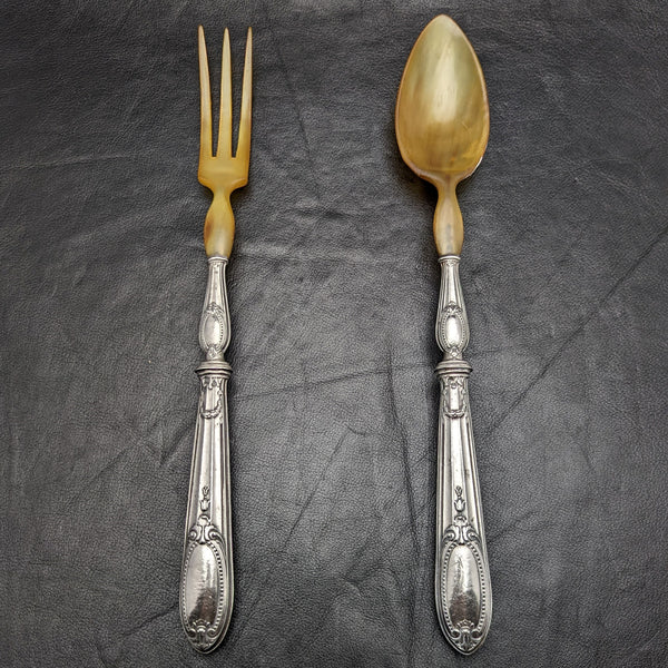 French Antique Pure Silver Handle Salad Server Set